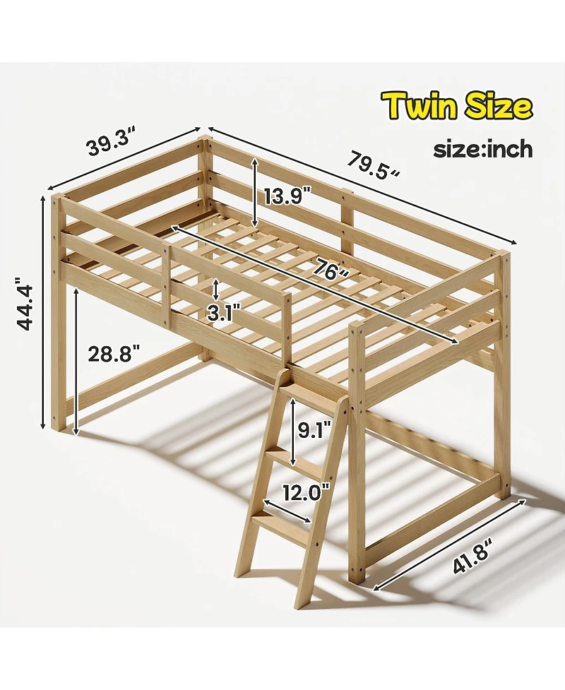 Streamdale Furniture Low Loft Bed with Led Lighting, Solid Wood