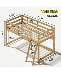 Streamdale Furniture Low Loft Bed with Led Lighting, Solid Wood