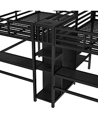 Streamdale Furniture Twin Over Twin Metal Loft Bed with Double Desk, Wardrobe, Shelves & Outlet, Black