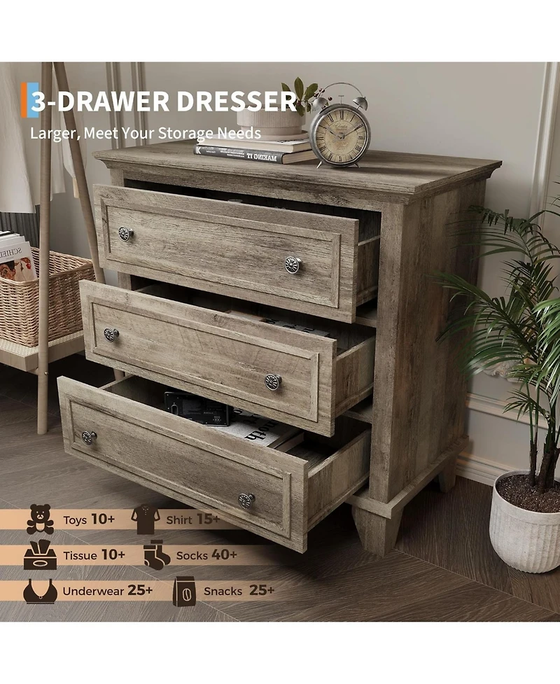 gaomon 3-Drawer Dresser, Wooden Storage Chest with Metal Handles, Modern Small Storage Cabinet