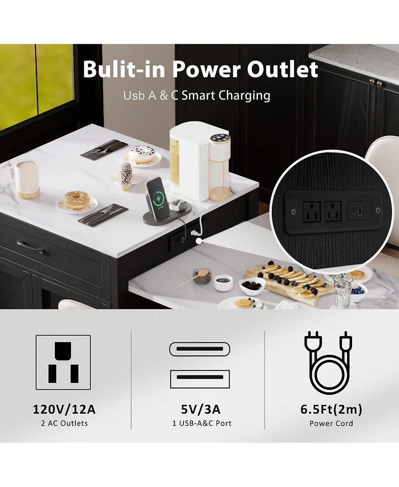 Boyel Living 82.7 inch Kitchen island with Extendable Dining Table, Two-tone Storage 2 Drawers Side Open Shelves, Power Outlet.