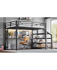 Streamdale Furniture Loft Bed with Desk and Storage Stairs, Metal Loft Bed with Led Lights & Usb Ports