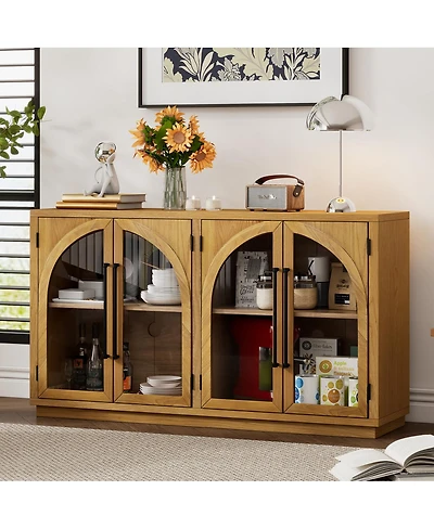 Streamdale Furniture 4-Door Large Storage Sideboard Buffet Cabinet with Glass Doors (Natural Wood