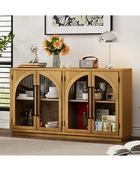 Streamdale Furniture 4-Door Large Storage Sideboard Buffet Cabinet with Glass Doors (Natural Wood
