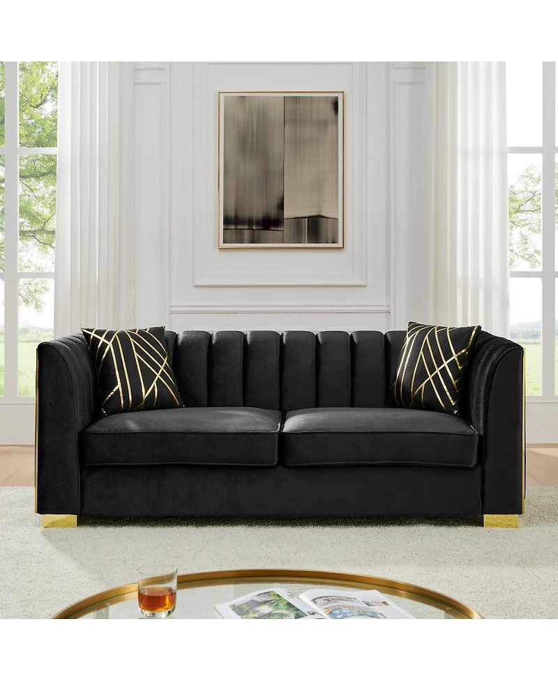 Streamdale Luxurious Velvet Sofa with Geometric Gold Hardware & Metal Feet