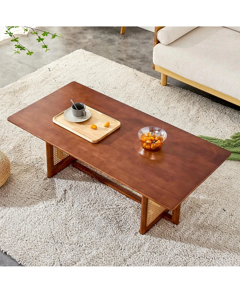 Streamdale Furniture Solid Wood & Rattan Coffee Table for Living Room