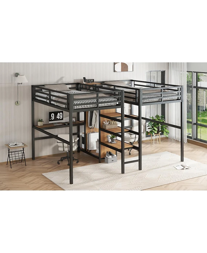 Streamdale Furniture Twin Over Twin Metal Loft Bed with Double Desk, Wardrobe, Shelves & Outlet