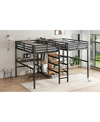 Streamdale Furniture Twin Over Twin Metal Loft Bed with Double Desk, Wardrobe, Shelves & Outlet