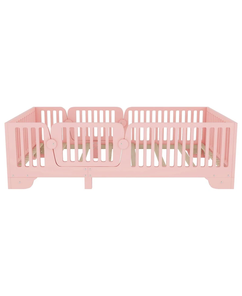 Streamdale Furniture Twin Montessori Floor Bed with Slats, Fence & Door - Pink