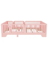 Streamdale Furniture Twin Montessori Floor Bed with Slats, Fence & Door - Pink