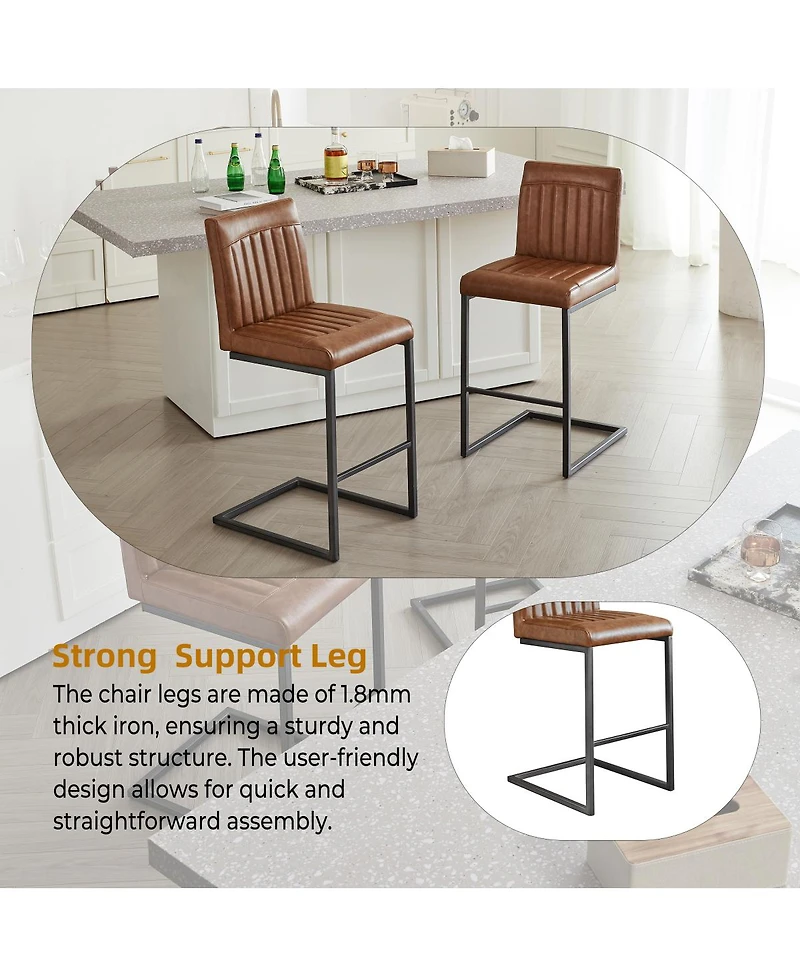 Streamdale Furniture Faux Leather Bar Stool - 26-Inch Tufted, Black Metal Frame (2 Sets)