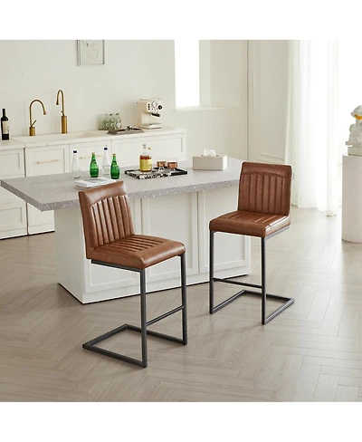 Streamdale Furniture Faux Leather Bar Stool - 26-Inch Tufted, Black Metal Frame (2 Sets)