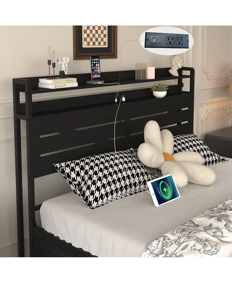 Streamdale Furniture Queen-size bed frame with storage headboard, 12 drawers, Led lights, Black.