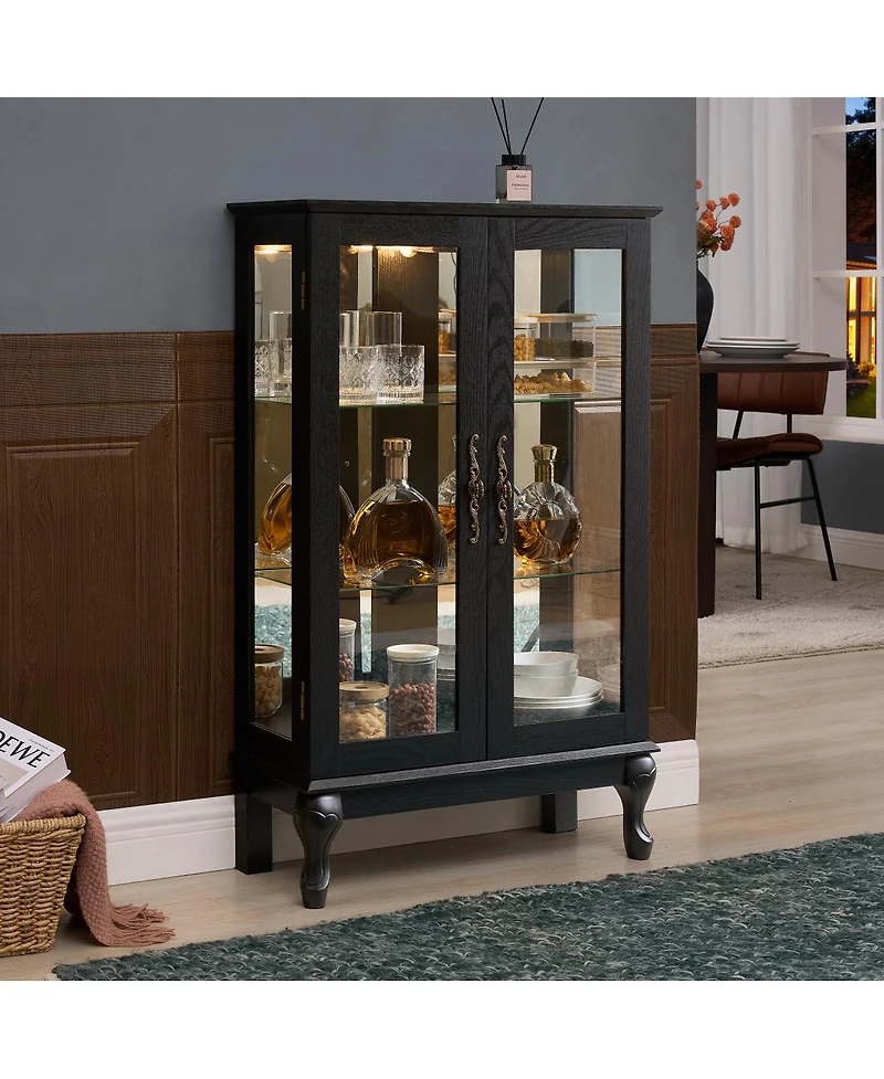 Streamdale Furniture Curio Cabinet with Glass Doors, Lighted Display, Mirrored Back, Adjustable Shelves - Black