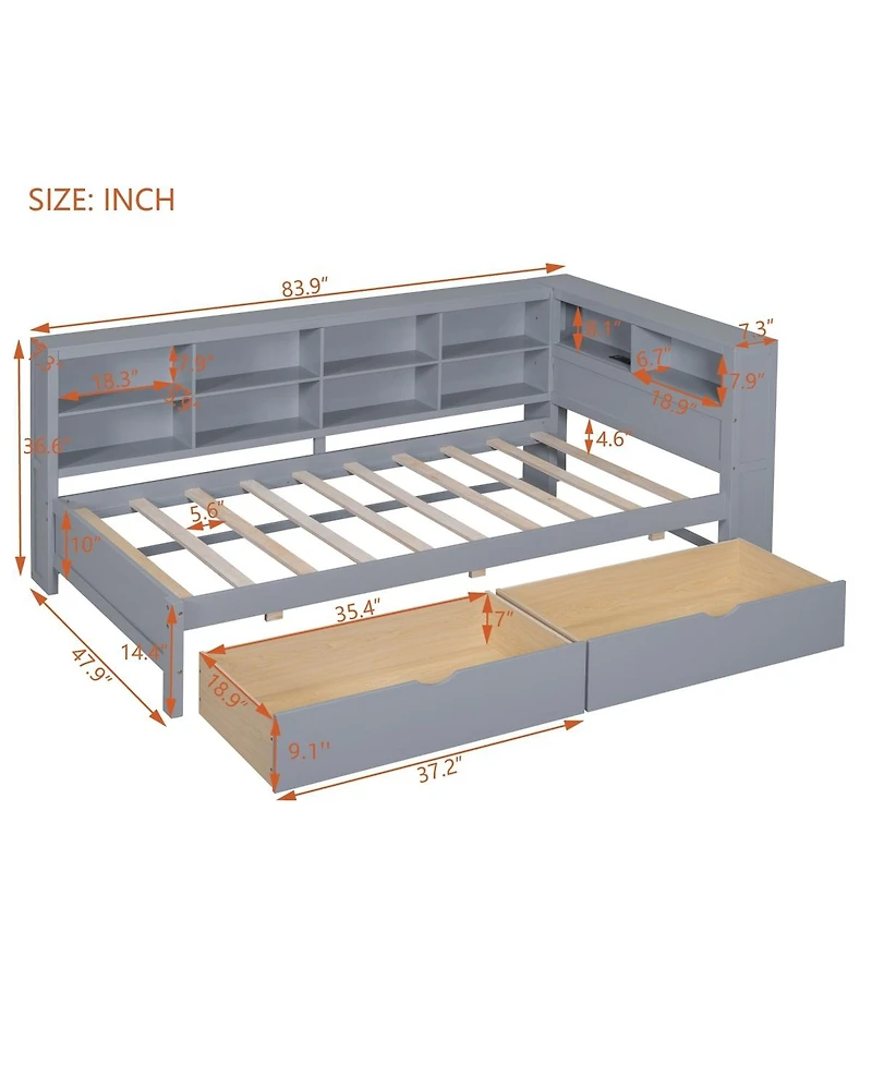 Streamdale Furniture Wooden Twin DayBed with 2 Drawers, Usb Charging Ports, Gray