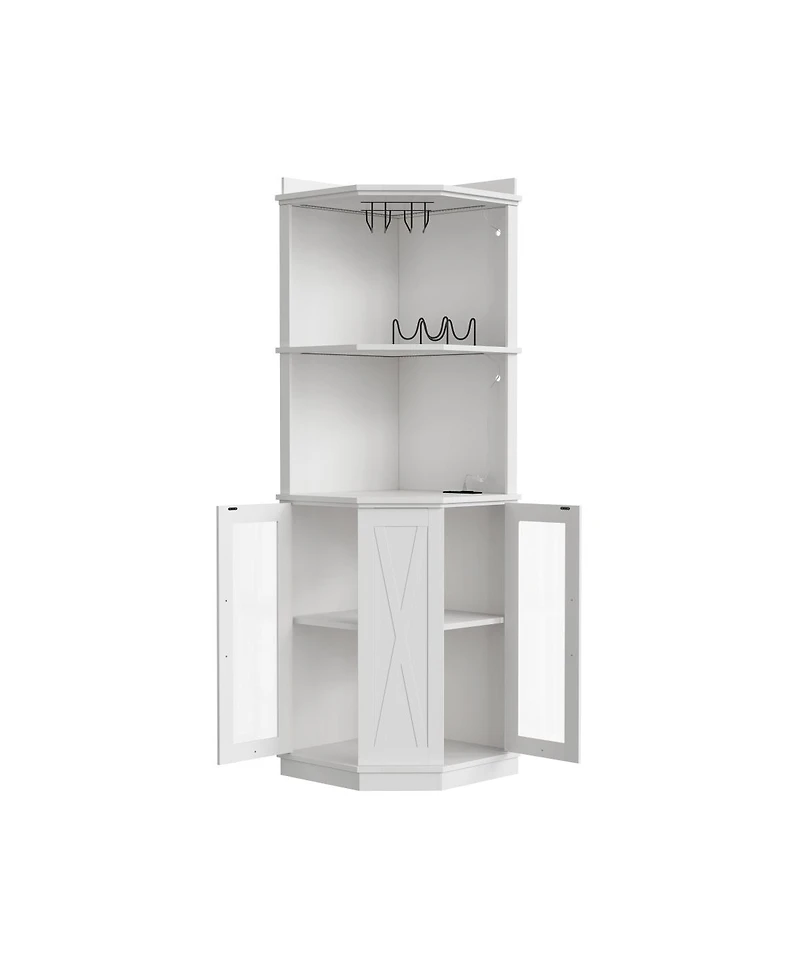 Streamdale Furniture 67.3" Farmhouse Corner Bar Cabinet with Power Outlet, Lights & Glass Rack