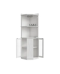 Streamdale Furniture 67.3" Farmhouse Corner Bar Cabinet with Power Outlet, Lights & Glass Rack