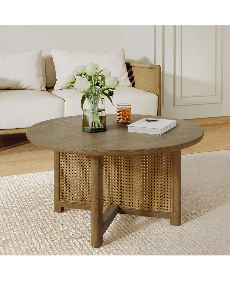Streamdale Furniture 32" Rattan Coffee Table, Round Rattan Woven Wood Coffee Table