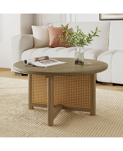 Streamdale Furniture 32" Rattan Coffee Table, Round Rattan Woven Wood Coffee Table