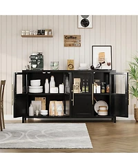 gaomon 55" Buffet Cabinet with 4 Glass Doors, Modern Farmhouse Sideboard with Storage, Black