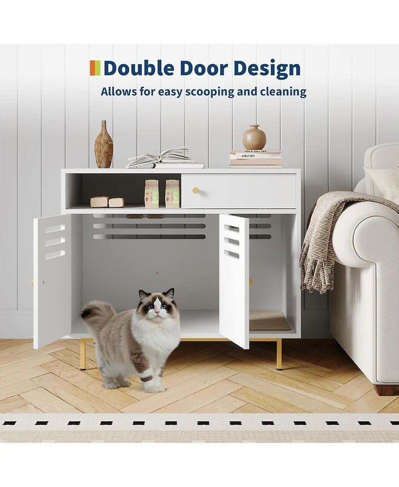 gaomon Cat Litter Box Enclosure Furniture, Hidden Litter Box Cabinet with 2 Storage Compartments, White