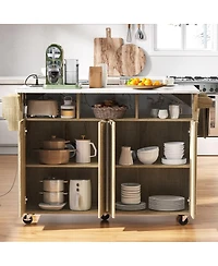 Streamdale Furniture 55.5" Fluted Kitchen Island with 2 Drop Leaf, Storage Cart, Power Outlet, 4 Doors, Spice Rack, Rolling Table