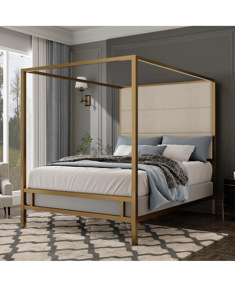 Streamdale Furniture Modern Canopy Bed with Linen Upholstered Headboard