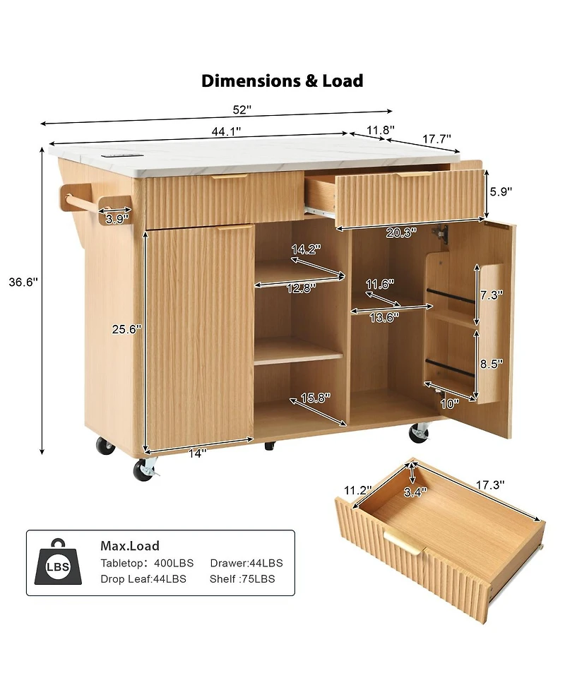 Streamdale 52" Fluted Kitchen Island with Drop Leaf, Power Outlet & Storage Cart