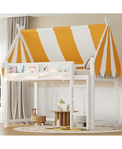 Streamdale Furniture Full Loft Bed with Canopy, Led Lights & Book Shelf