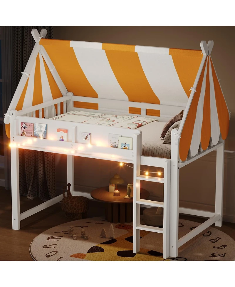 Streamdale Furniture Full Loft Bed with Canopy, Led Lights & Book Shelf