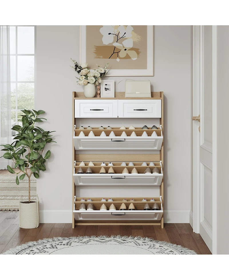 Streamdale FurnitureWhite + Oak 3-Door 2-Drawer Shoe Cabinet with Large Storage
