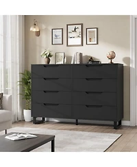 gaomon Farmhouse Tv Stand with 8 Drawers, 55" Wide Entertainment Center for TVs up to 75 Inch with Metal Legs, Black