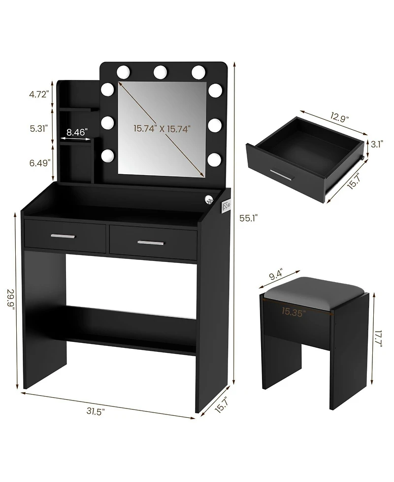 gaomon Vanity Desk with Mirror and Lights, Makeup Vanity with Power Outlet