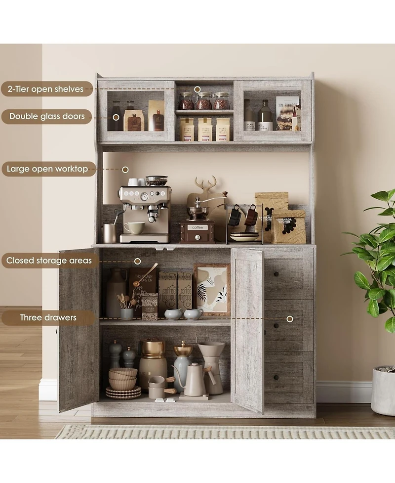 gaomon 67" Kitchen Pantry Cabinet with Microwave Shelf, Storage Hutch with Doors, Shelves & Drawers, Wooden Coffee Bar Sideboard