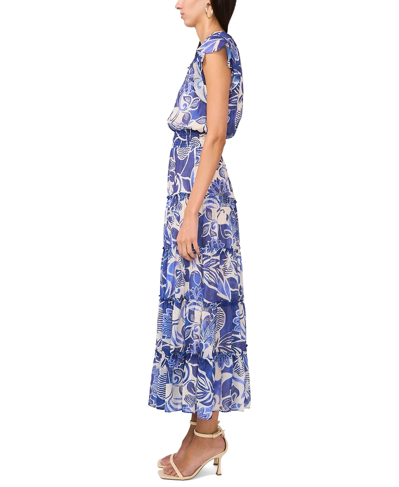 Msk Petite Split Neck Flutter-Sleeve Tiered Maxi Dress