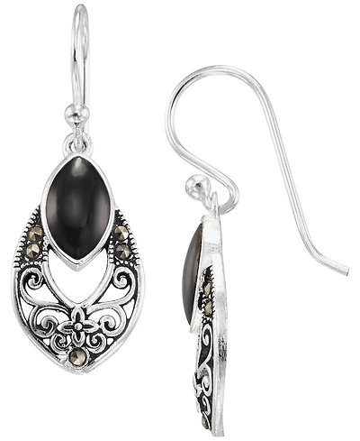 Macy's Marcasite (0.09 ct. t.w.) and Onyx (1 ct. t.w.) Drop Earrings in Sterling Silver