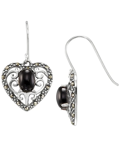 Macy's Marcasite (0.30 ct. t.w.) and Faceted Onyx (1-1/2 ct. t.w.) Drop Earrings in Sterling Silver