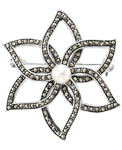 Macy's Marcasite (1 ct. t.w.) and Cultured Freshwater Pearl (4.5mm) Flower Brooch Pin in Sterling Silver