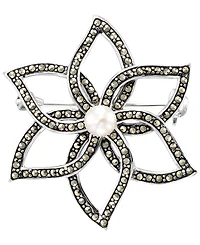 Macy's Marcasite (1 ct. t.w.) and Cultured Freshwater Pearl (4.5mm) Flower Brooch Pin in Sterling Silver