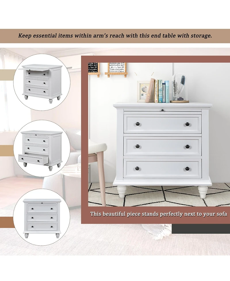 Rainsken 28'' Wood Nightstand, Bedside Cabinet with 3 Storage Drawers and Pull-out Tray, Bedside Accent Table for Bedroom and Office (White)