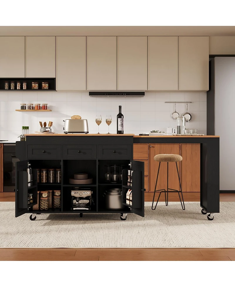 Streamdale Furniture 85.5" Extendable Kitchen Island with Storage, Power Outlet, 3 Drawers, 2 Doors