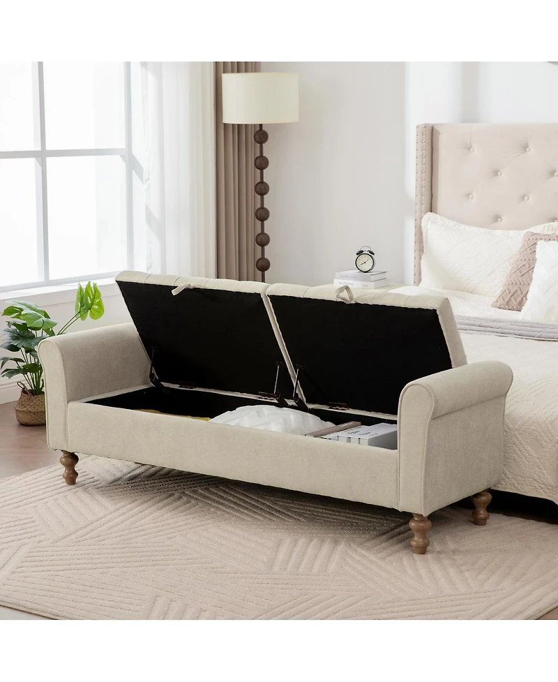 Streamdale Furniture 65.75" Wide Modern Upholstered Storage Bench with Double Lids & Rolled Armrest