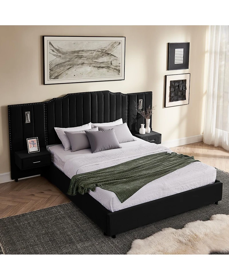 Streamdale Furniture Queen Size Velvet Upholstered Bed Frame with Vertical Stripes