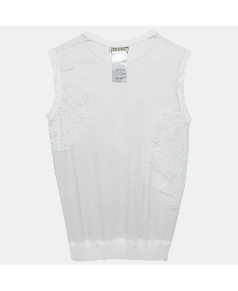 Pre-Owned Emilio Pucci Women's White Embroidered Mesh Sleeveless Top