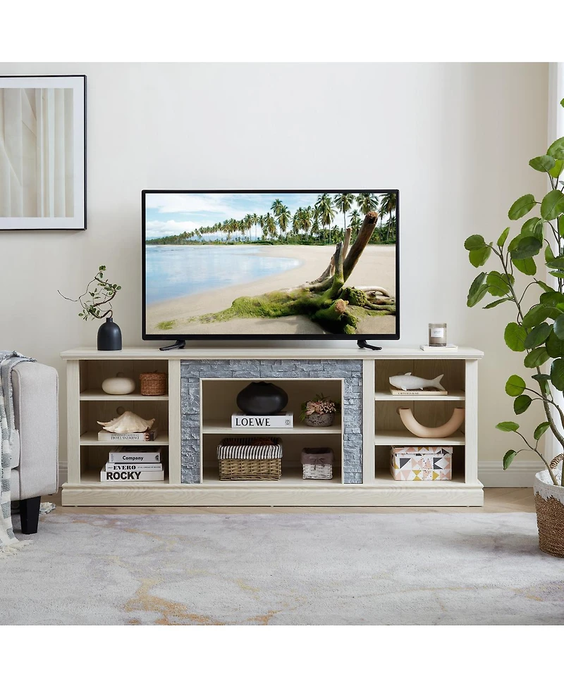 Streamdale Furniture Large Tv Desk Storage Rack with Faux Stacked Stone Surround, White, 70.12"W15.35"D25.83"H