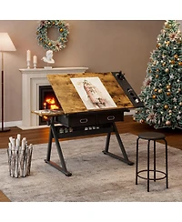 Streamdale Furniture Adjustable Drawing Drafting Table Desk with 2 Drawers & Stool