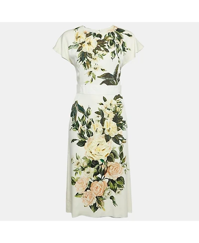Pre-Owned Dolce & Gabbana Womens Cream Floral Print Silk Applique Detail Short Dress