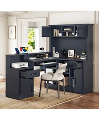 Streamdale Furniture L-Shaped Computer Desk with Outlet, Drawers, Bookshelf, Blue