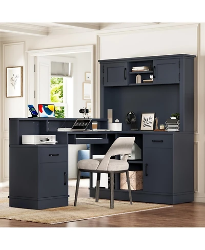 Streamdale Furniture L-Shaped Computer Desk with Outlet, Drawers, Bookshelf, Blue