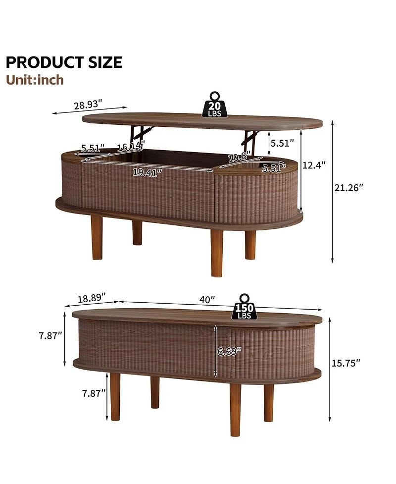 Streamdale Furniture Fluted Lift Top Coffee Table with Hidden Compartment